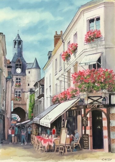 Malerei mit dem Titel "French cafe scene" von Darrencareyart Darren Carey, Original-Kunstwerk, Aquarell Auf Karton montiert