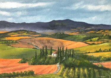 Schilderij getiteld "Tuscany in early mo…" door Darrencareyart Darren Carey, Origineel Kunstwerk, Aquarel Gemonteerd op Kart…