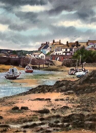 Schilderij getiteld "Bude, Cornwall." door Darrencareyart Darren Carey, Origineel Kunstwerk, Aquarel