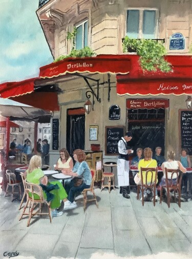 Pintura intitulada "Paris cafes" por Darrencareyart Darren Carey, Obras de arte originais, Aquarela