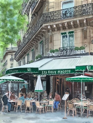 Painting titled "Paris morning at Le…" by Darrencareyart Darren Carey, Original Artwork, Watercolor