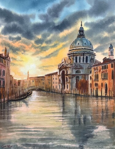 Pintura titulada "Venice sunset" por Darrencareyart Darren Carey, Obra de arte original, Acuarela