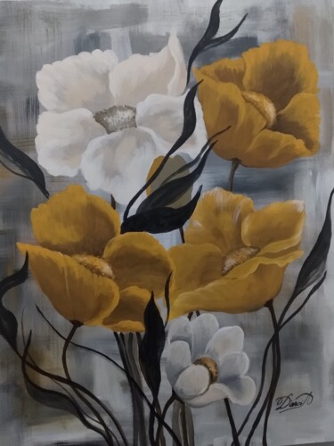 Painting titled "Flores amarelas e b…" by Darci Alves, Original Artwork, Acrylic