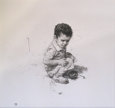Disegno intitolato "Boy playing" da David Beglaryan, Opera d'arte originale, Inchiostro Montato su Cartone