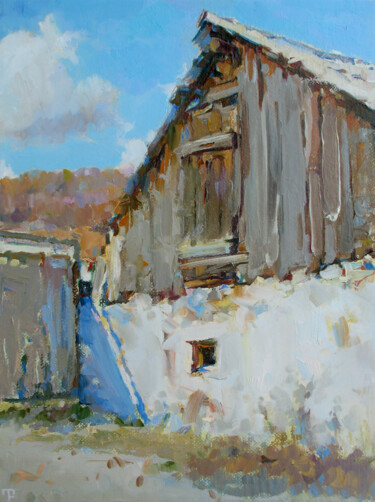 Painting titled "Village Hut" by David Beglaryan, Original Artwork, Oil Mounted on Wood Stretcher frame