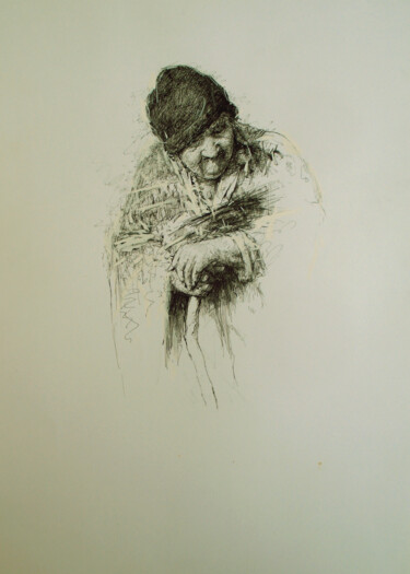 Disegno intitolato "Village old woman" da David Beglaryan, Opera d'arte originale, Inchiostro