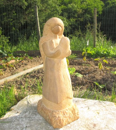 Sculptuur getiteld "Vierge à l'enfant" door David Bernard, Origineel Kunstwerk, Steen