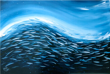 Pintura intitulada "Fish Wave In Dark B…" por David Clare, Obras de arte originais, Acrílico Montado em Armação em madeira