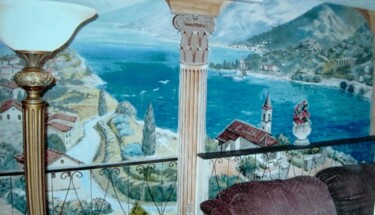 Malerei mit dem Titel "Lake Como in bird's…" von Davide Rodoquino, Original-Kunstwerk, Acryl