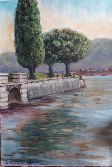 Pintura intitulada "Cipressi sul lago d…" por Davide Rodoquino, Obras de arte originais, Óleo Montado em Armação em madeira