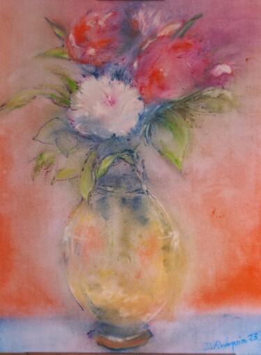 Painting titled "Vaso di fiori" by Davide Rodoquino, Original Artwork, Ink Mounted on Wood Stretcher frame