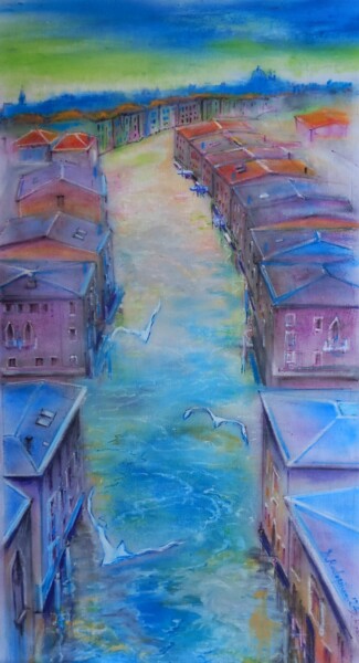 Painting titled "Fantasia in blu" by Davide Rodoquino, Original Artwork, Ink Mounted on Wood Stretcher frame