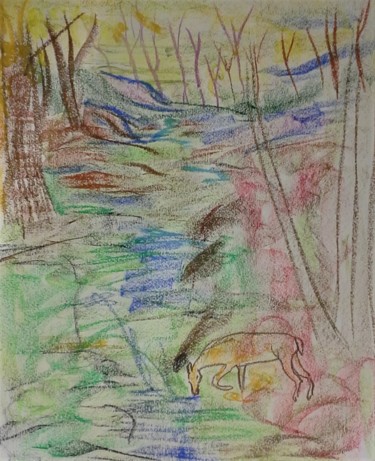 Painting titled "DEER BY STREAM" by David Cade, Original Artwork, Pastel