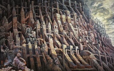 Pintura intitulada "Contreforts de Babel" por David Lefebvre, Obras de arte originais, Óleo Montado em Armação em madeira