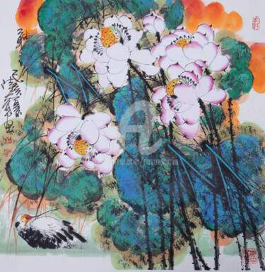 Painting titled "Listen to the lotus…" by Dayou Lu, Original Artwork, Pigments