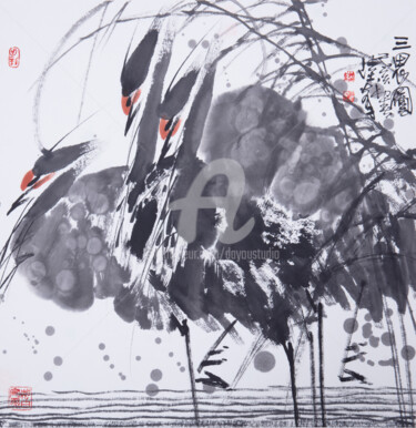 Painting titled "Three Herons 三思图 (N…" by Dayou Lu, Original Artwork, Pigments