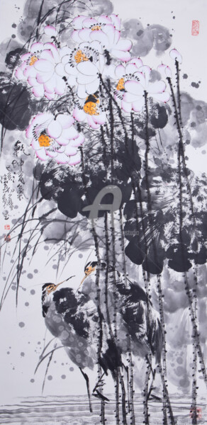 Painting titled "Fragrance of lotus…" by Dayou Lu, Original Artwork, Pigments