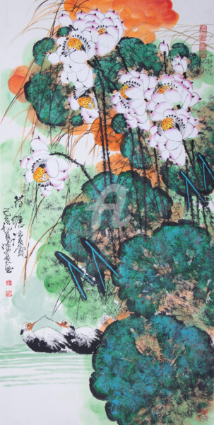 Painting titled "Lotus pond clear de…" by Dayou Lu, Original Artwork, Pigments