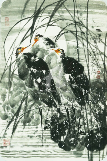 Malarstwo zatytułowany „Three Herons 三思图 （N…” autorstwa Dayou Lu, Oryginalna praca, Atrament