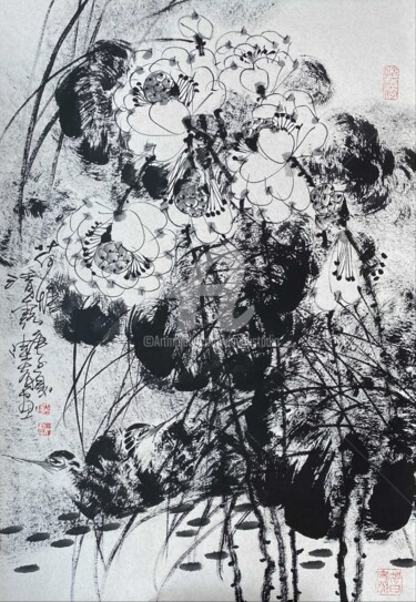 Schilderij getiteld "Lotus pond and clea…" door Dayou Lu, Origineel Kunstwerk, Inkt