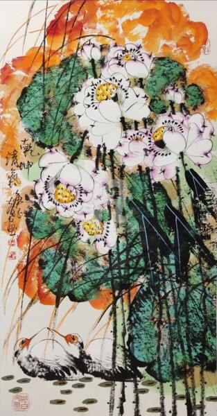 Painting titled "Fragrance of lotus…" by Dayou Lu, Original Artwork, Pigments