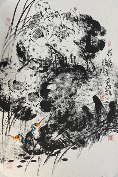 Painting titled "Fun in the lotus po…" by Dayou Lu, Original Artwork, Ink