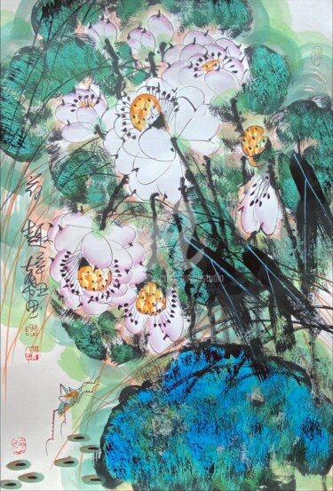 Painting titled "Fun in the lotus po…" by Dayou Lu, Original Artwork, Ink