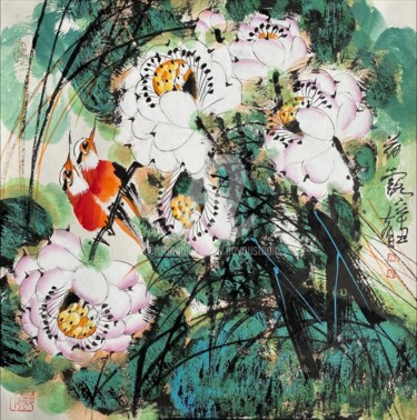 Peinture intitulée "Lotus dew 荷露 （No.16…" par Dayou Lu, Œuvre d'art originale, Pigments