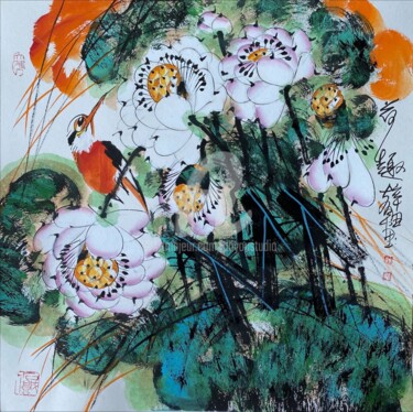 Painting titled "Fun in the lotus po…" by Dayou Lu, Original Artwork, Pigments