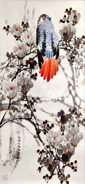 Painting titled "Beautiful feather i…" by Dayou Lu, Original Artwork, Pigments