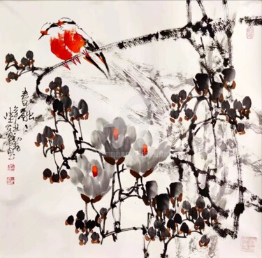 Schilderij getiteld "Spring in harmony 春…" door Dayou Lu, Origineel Kunstwerk, pigmenten