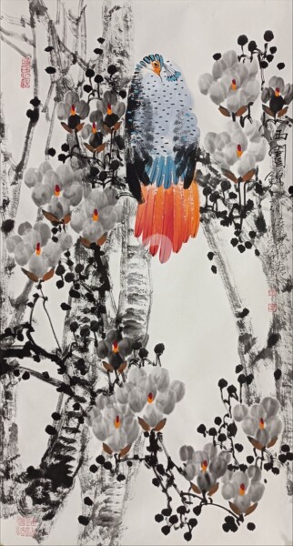 Painting titled "Beautiful feather i…" by Dayou Lu, Original Artwork, Pigments