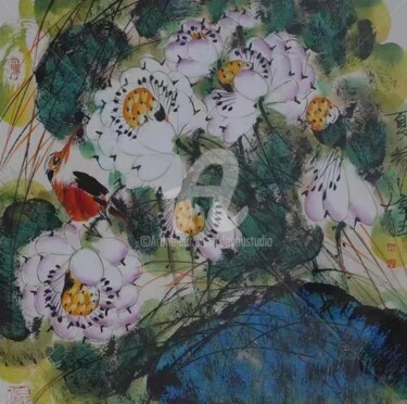 Peinture intitulée "Summer lotus pond 夏…" par Dayou Lu, Œuvre d'art originale, Pigments