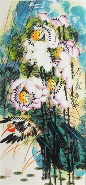 绘画 标题为“Lotus dew 荷露 （No.F1…” 由Dayou Lu, 原创艺术品, 颜料