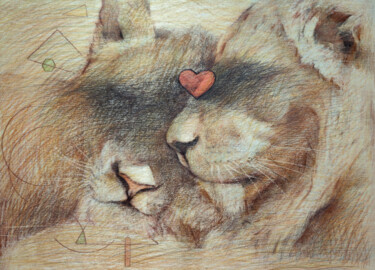Peinture intitulée "lion's love" par Dazhao Su, Œuvre d'art originale, Crayon