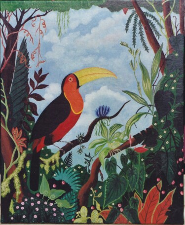 Peinture intitulée "Toucan au ventre ro…" par Mchris, Œuvre d'art originale, Huile