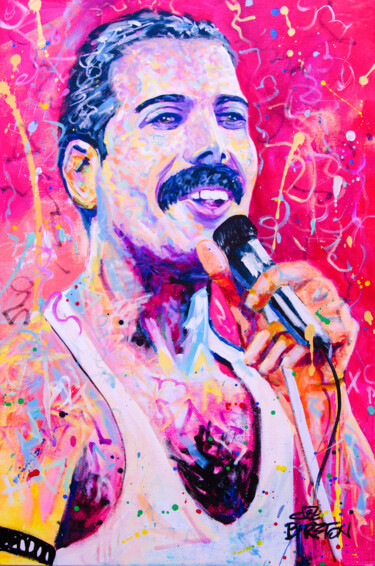 Schilderij getiteld "Freddie Mercury - Q…" door Deb Breton, Origineel Kunstwerk, Acryl Gemonteerd op Frame voor houten branc…