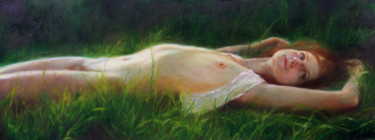 Painting titled "Nude on the grass" by Calidè, Original Artwork, Oil