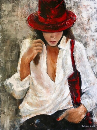 Schilderij getiteld "Femme au chapeau ro…" door Deborah Kerner, Origineel Kunstwerk, Olie
