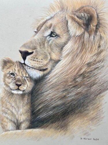 "Lion et son petit" başlıklı Resim Deborah Kerner tarafından, Orijinal sanat, Pastel