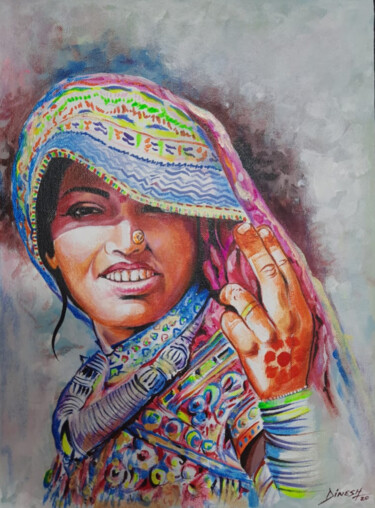 Schilderij getiteld "indian woman painti…" door Decora Art Manish Vaishnav, Origineel Kunstwerk, Acryl
