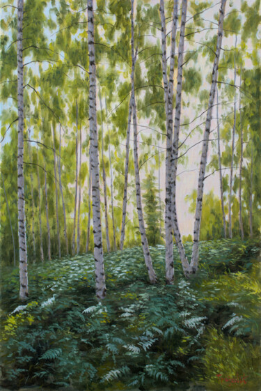 Peinture intitulée "Ferns in a birch fo…" par Dejan Trajkovic, Œuvre d'art originale, Huile