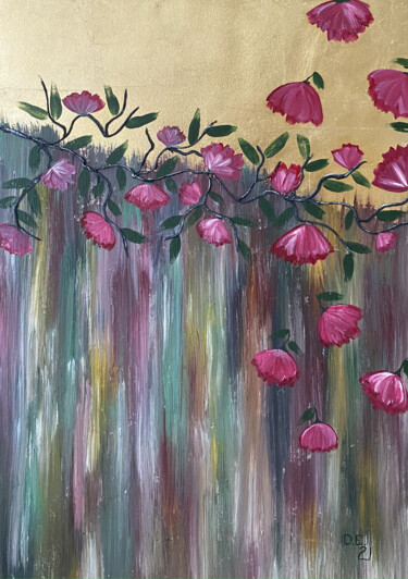 Painting titled "Sakura bloom" by Elena Dobkin, Original Artwork, Acrylic Mounted on Wood Stretcher frame