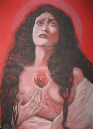 Malerei mit dem Titel "Mater Dolorosa" von Delarivière, Original-Kunstwerk, Conté-Buntstifte