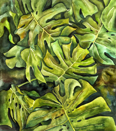 Painting titled "Monstera leaves" by Delnara El, Original Artwork, Watercolor