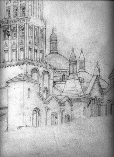Drawing titled "Cathédrale St Front" by Delphine Germain, Original Artwork, Pencil