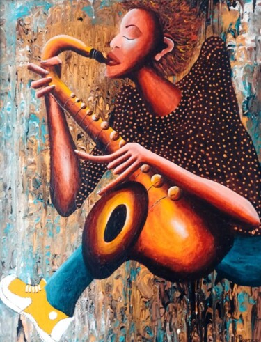 Pintura intitulada "Saxo aux baskets ja…" por Delphine Portier, Obras de arte originais, Acrílico