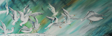 Peinture intitulée "Envol de mouettes s…" par Jamy Delpias, Œuvre d'art originale, Huile