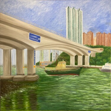 Malerei mit dem Titel "橋下的漁船" von Demi Ng, Original-Kunstwerk, Öl