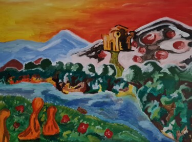 Malerei mit dem Titel "Der rote Himmel" von Denis Dolheimer, Original-Kunstwerk, Acryl